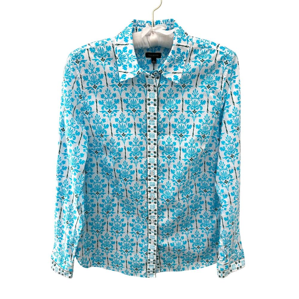 TALBOTS Blue White Floral Cotton Button Down Shirt Top Classic Preppy Small